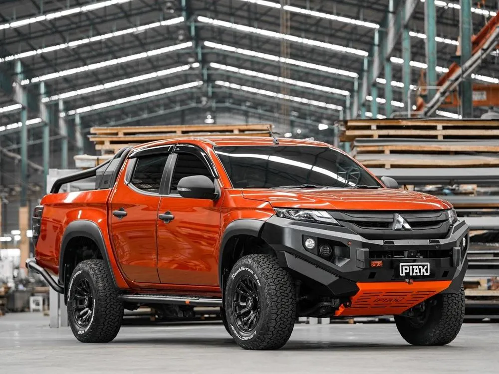 PIAK Elite Non Loop Bull Bar Black Recovery Points Orange Bash Plate for Mitsubishi Triton 2018 to 2023