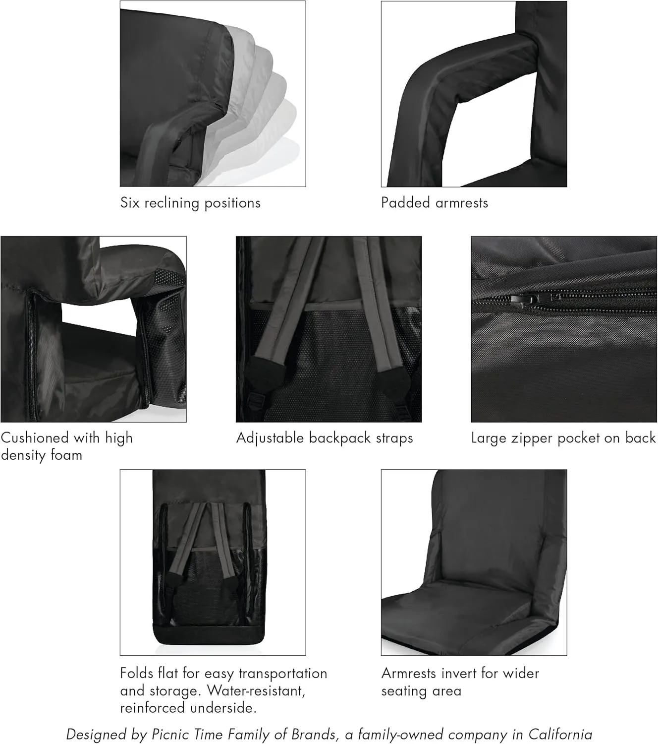 PICNIC TIME Star Wars Darth Vader Ventura Reclining Stadium Seat with Back Support, Bleacher Seat, Beach Floor Chair, (Black)