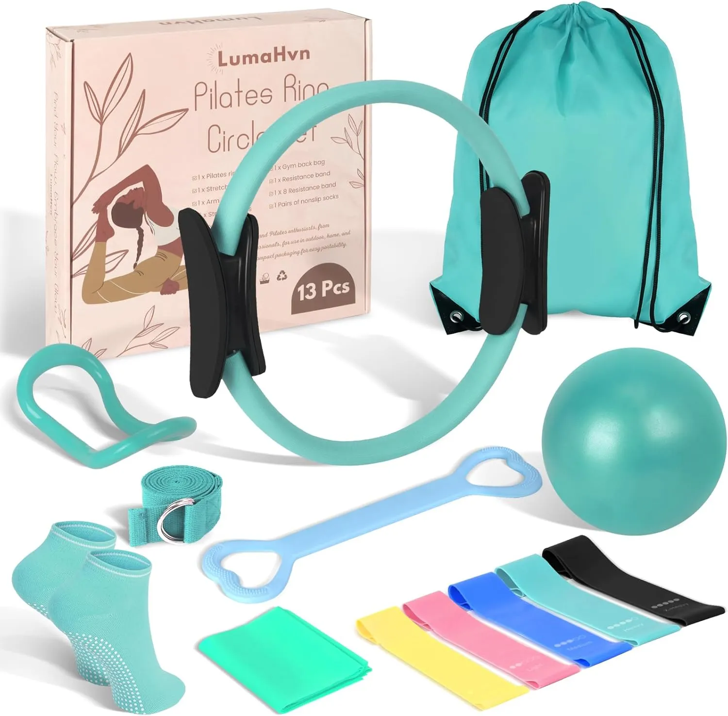 Pilates Ring Essentials Kit for Women, Home Workout Equipment Set with 9.8” Ball, Resistance Bands, Magic Circle, Accessories, Pilates Set for Beginners, Toning, Fitness Gift Idea