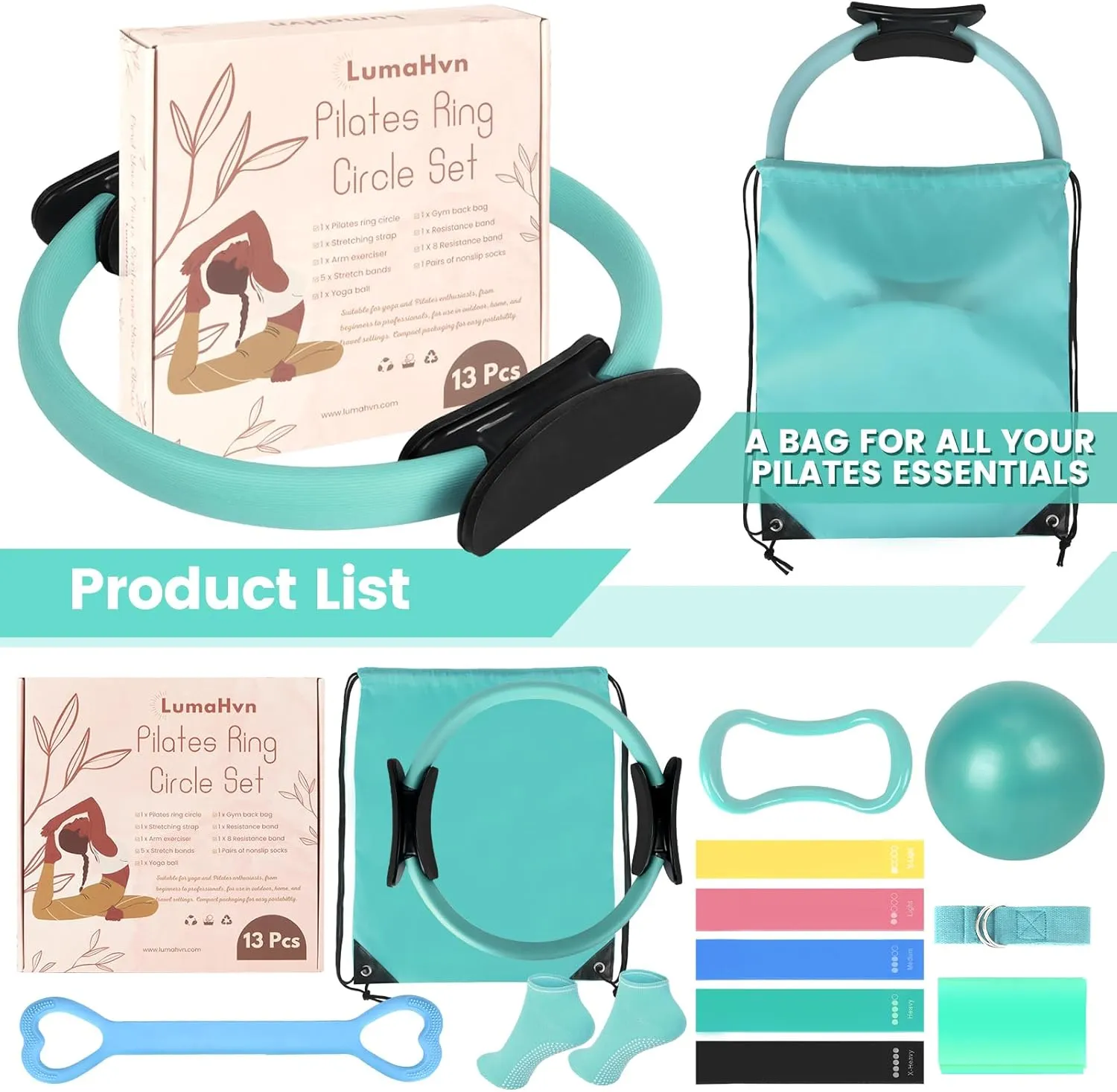 Pilates Ring Essentials Kit for Women, Home Workout Equipment Set with 9.8” Ball, Resistance Bands, Magic Circle, Accessories, Pilates Set for Beginners, Toning, Fitness Gift Idea
