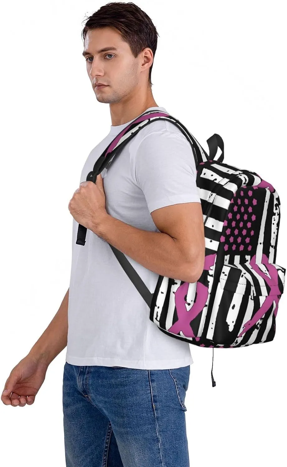 Pink Ribbons Breast Cancer Awareness Flag Backpack Large Capacity Backpack Lightweight Double Shoulder Bag For Women Men Travel