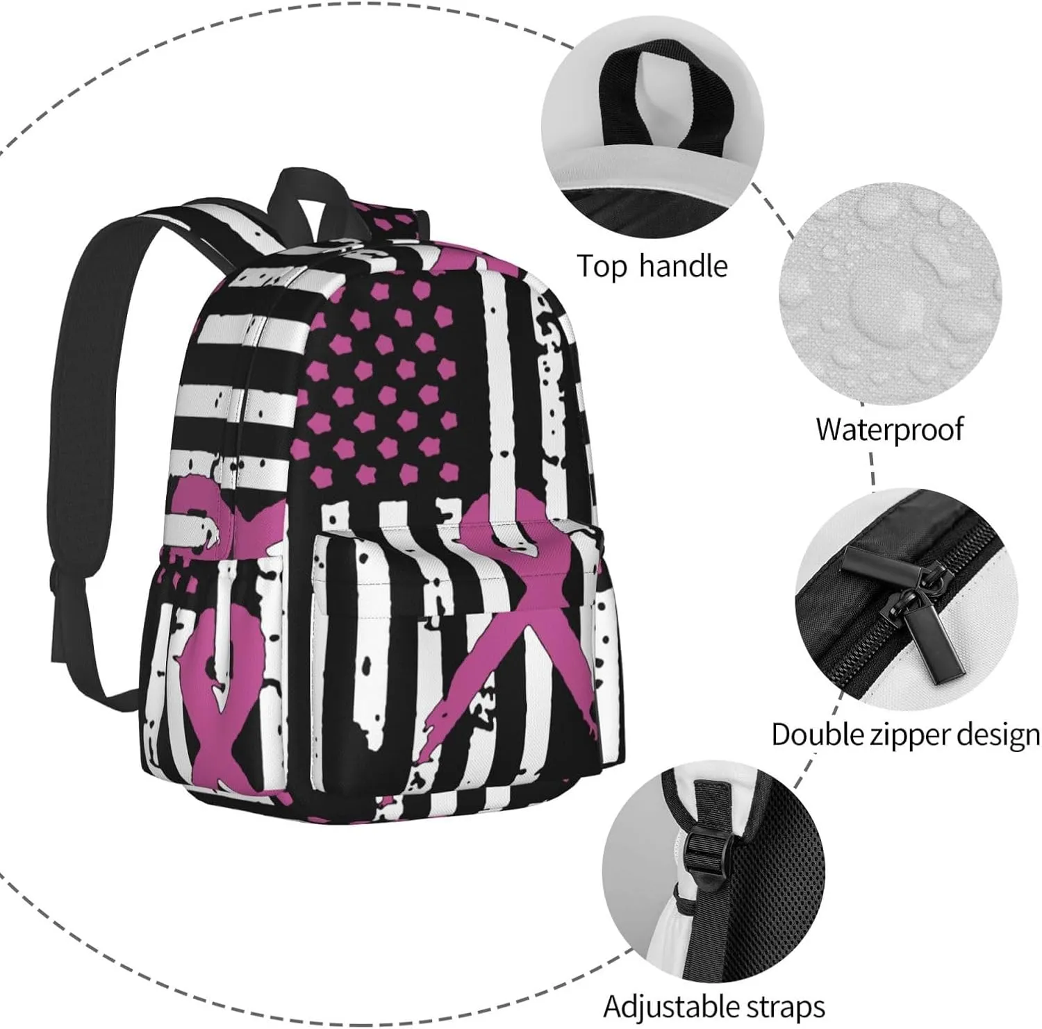 Pink Ribbons Breast Cancer Awareness Flag Backpack Large Capacity Backpack Lightweight Double Shoulder Bag For Women Men Travel