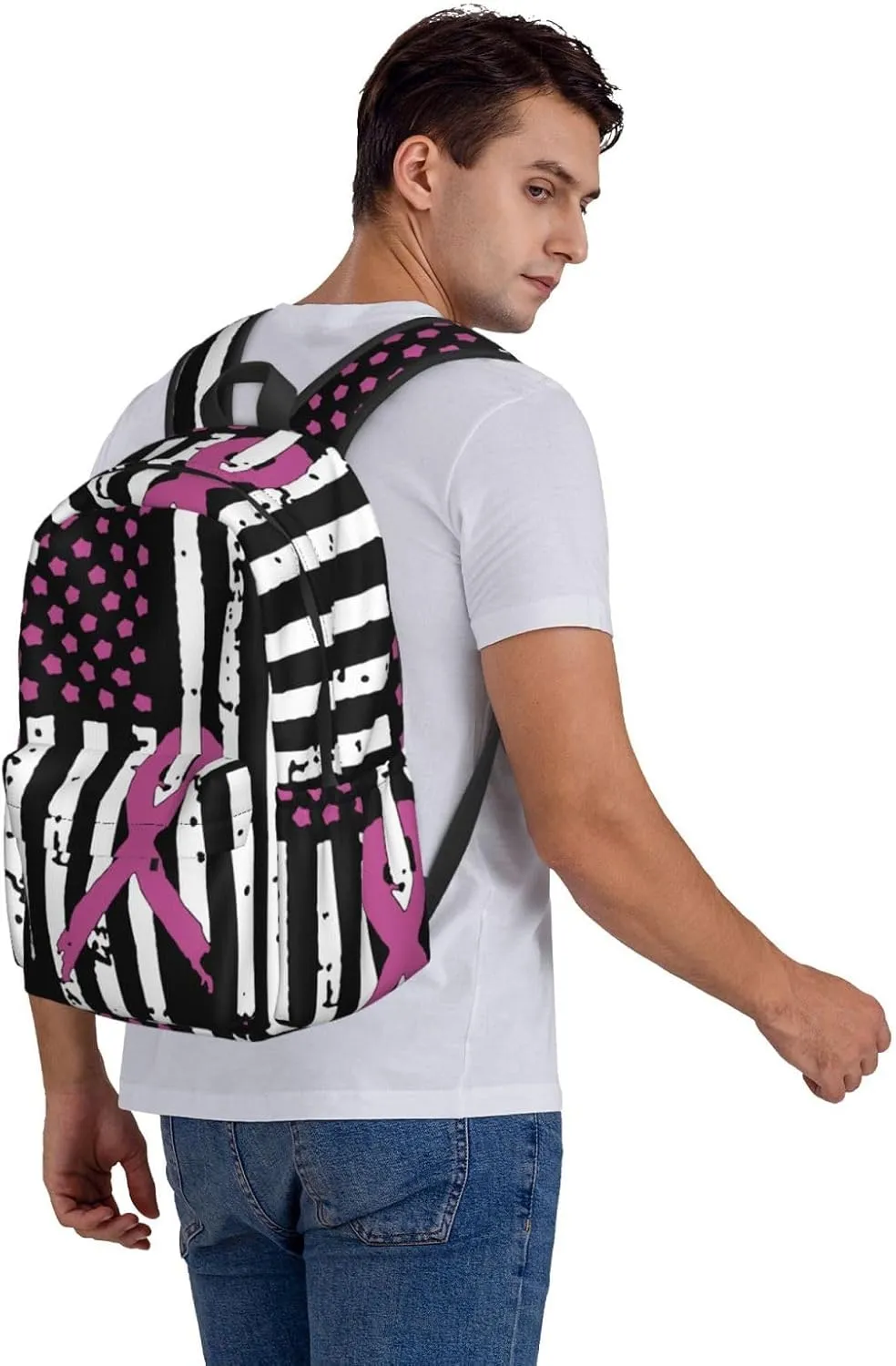 Pink Ribbons Breast Cancer Awareness Flag Backpack Large Capacity Backpack Lightweight Double Shoulder Bag For Women Men Travel