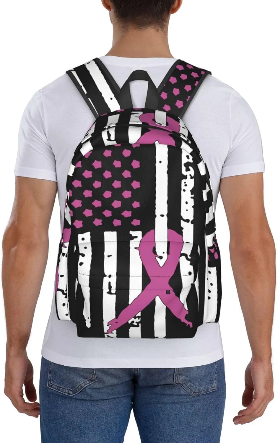 Pink Ribbons Breast Cancer Awareness Flag Backpack Large Capacity Backpack Lightweight Double Shoulder Bag For Women Men Travel