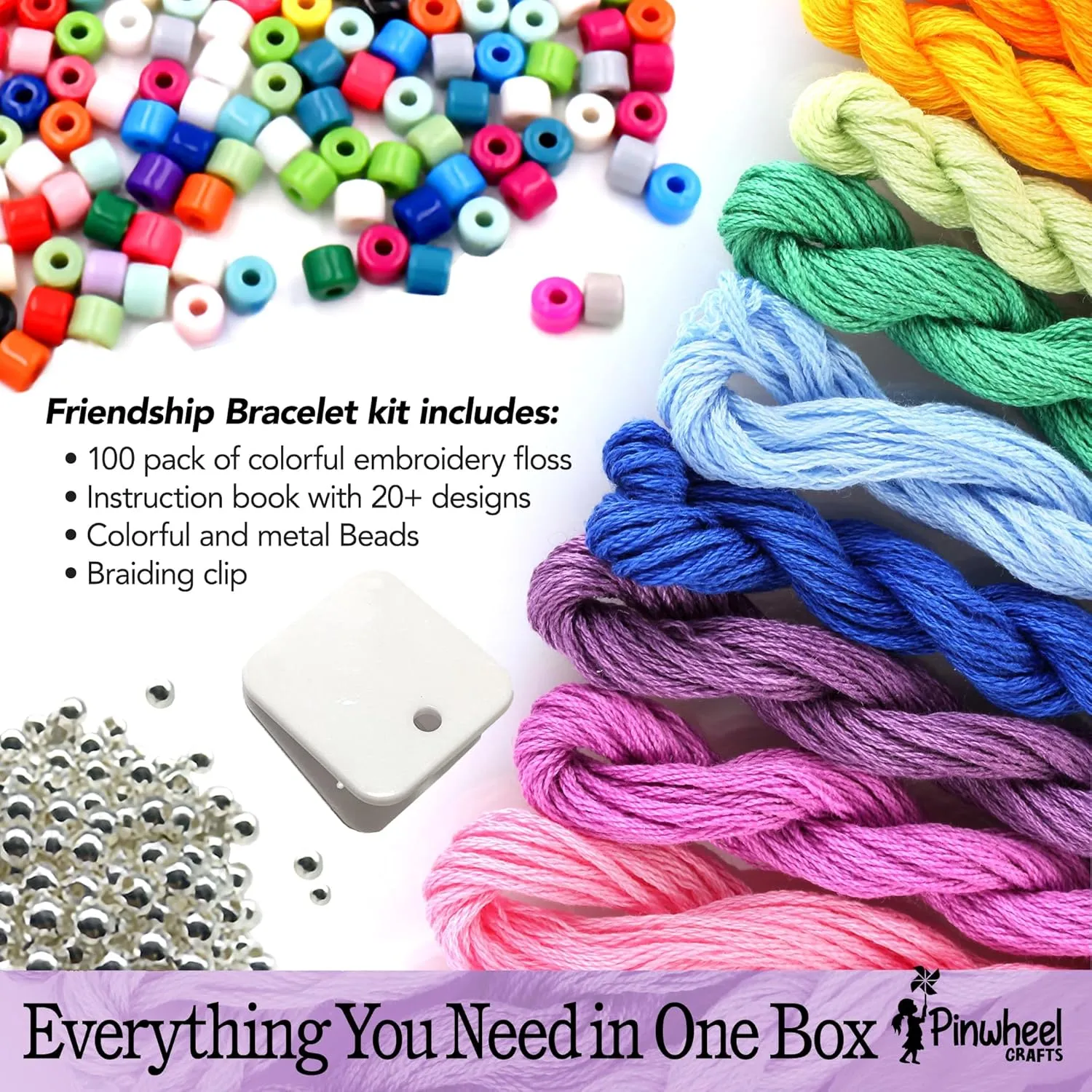 Pinwheel Crafts Friendship Bracelet Kit – DIY String Bracelet Making Kit for Girls 8-12 – 100 Floss, Colored/Metal Beads, Braiding Clip, Design Book – Jewelry Making Set for Girls Gift
