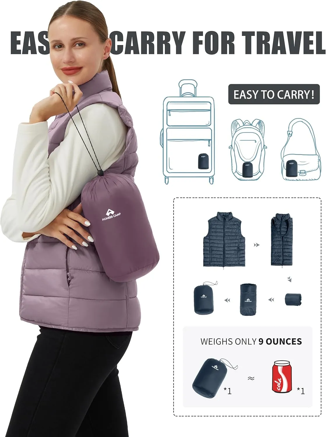 Pioneer Camp Puffer Vest Women Lightweight Packable Sleeveless Bubble Quilted Zip Up Padded Warm Winter Outerwear Puffy Vests
