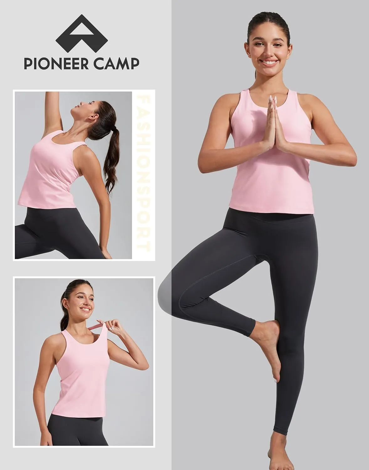 Pioneer Camp Women's Tank Top Padded Longline Sports Bra Racerback Sleeveless Gym Pilates Daily Wear Crop Top