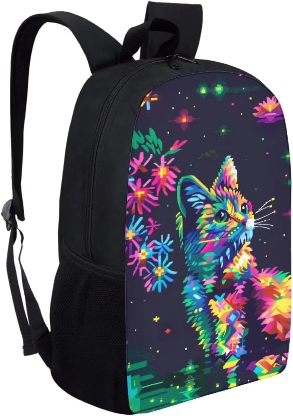 Pixel Colorful Cat Print Vibrant Pixel Pattern Student Backpack 17 Inch Bookbag for Girls Boys，School Travel Hiking Daily Use