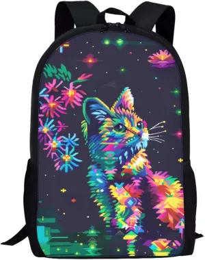 Pixel Colorful Cat Print Vibrant Pixel Pattern Student Backpack 17 Inch Bookbag for Girls Boys，School Travel Hiking Daily Use