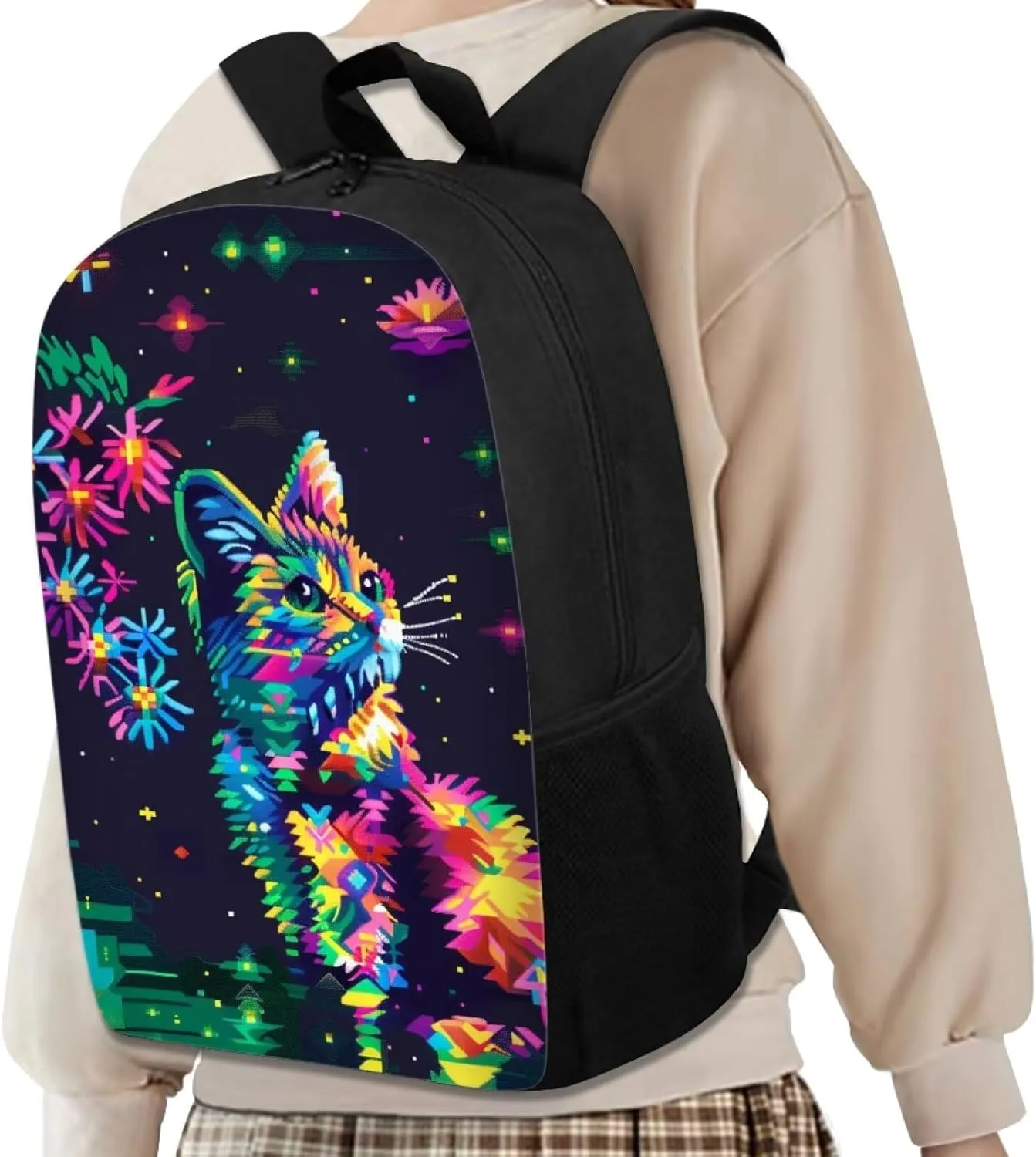 Pixel Colorful Cat Print Vibrant Pixel Pattern Student Backpack 17 Inch Bookbag for Girls Boys，School Travel Hiking Daily Use