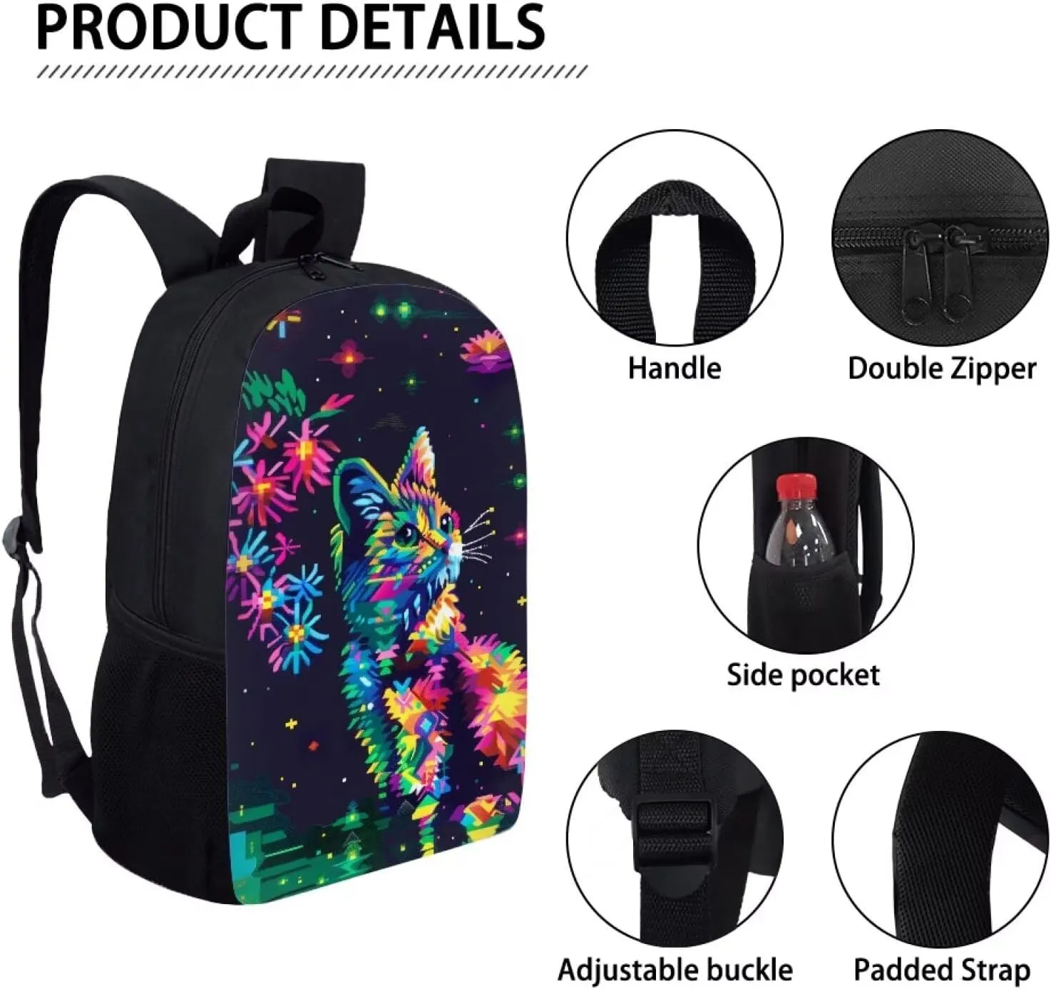 Pixel Colorful Cat Print Vibrant Pixel Pattern Student Backpack 17 Inch Bookbag for Girls Boys，School Travel Hiking Daily Use
