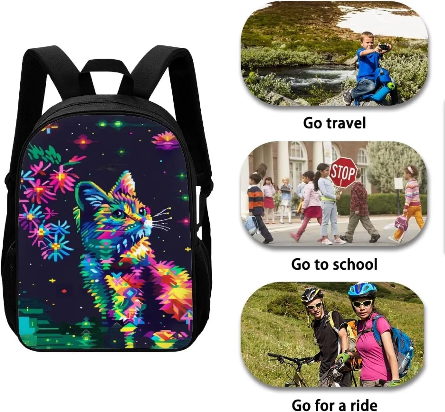 Pixel Colorful Cat Print Vibrant Pixel Pattern Student Backpack 17 Inch Bookbag for Girls Boys，School Travel Hiking Daily Use