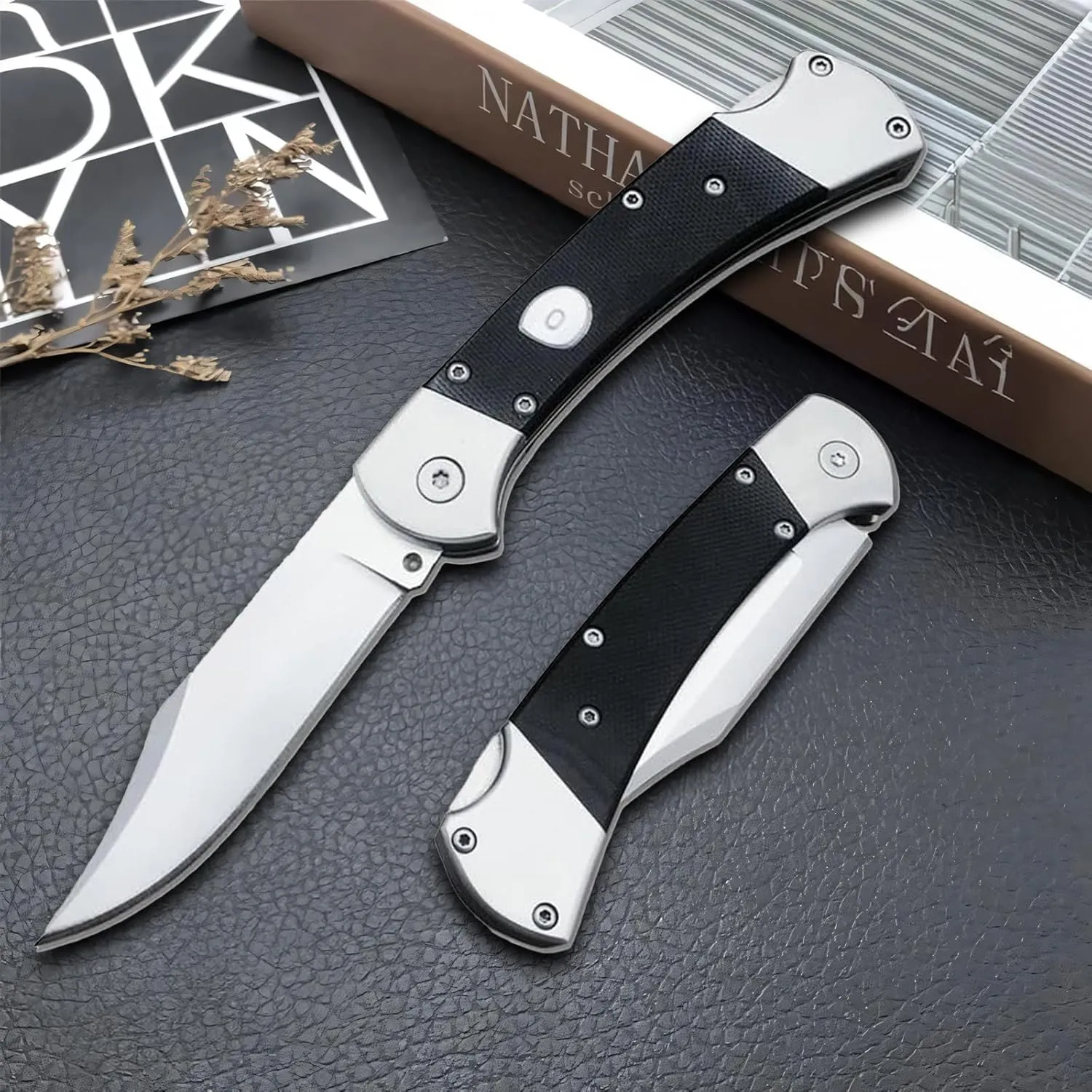 Pocket Knife for Man 7.2'' D2 Blade G10 Handle Folding Knife for Outdoor Fishing Camping (Black)