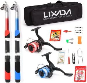 Pole Pack, Fishing Rod Reel Combo, 2.1m Telescopic Fishing Rods, Spinning Reels, Blue & Red