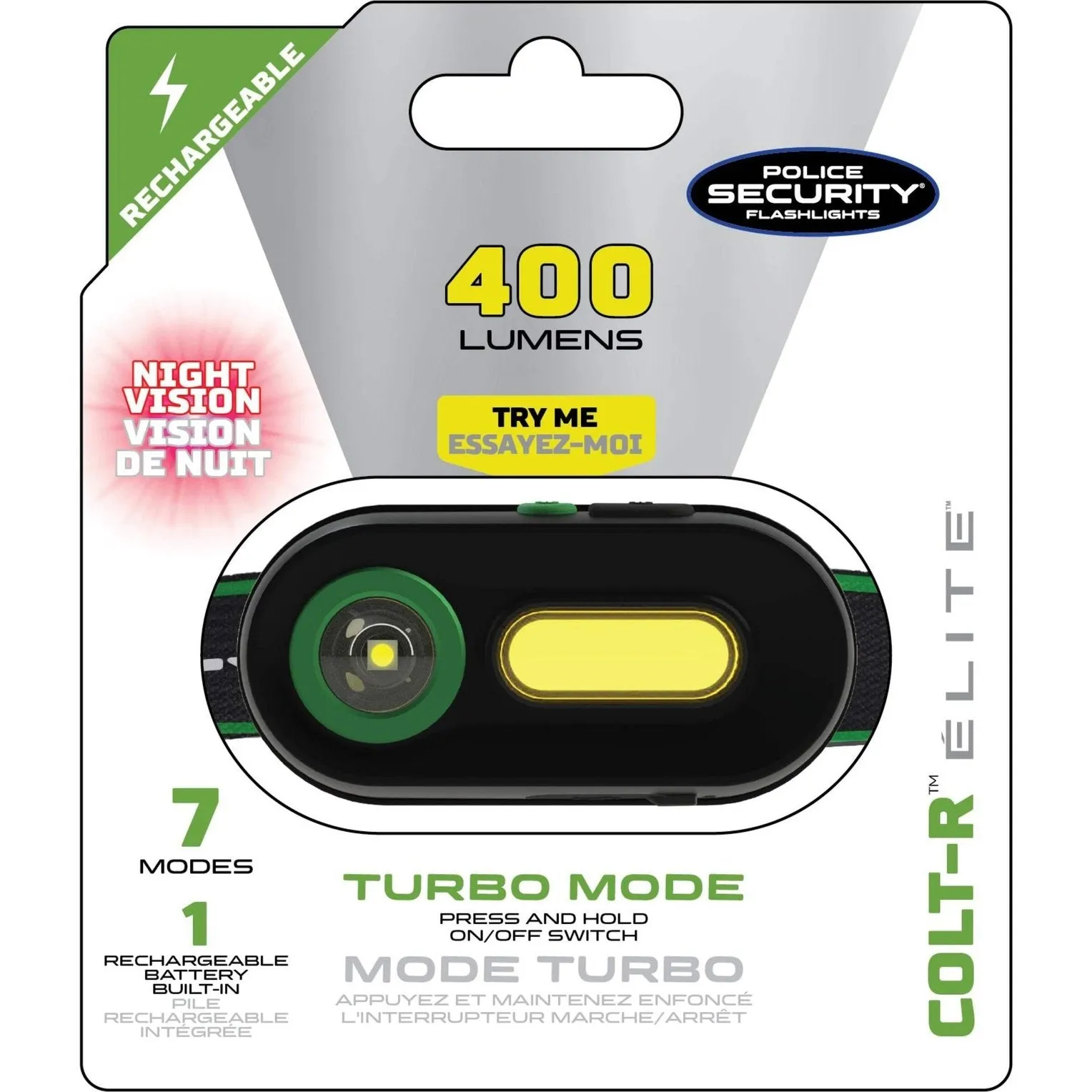 Police Security Colt-R 400 Lumen Water Resistant Rechargeable LED Headlamp with 7 Light Modes, Black