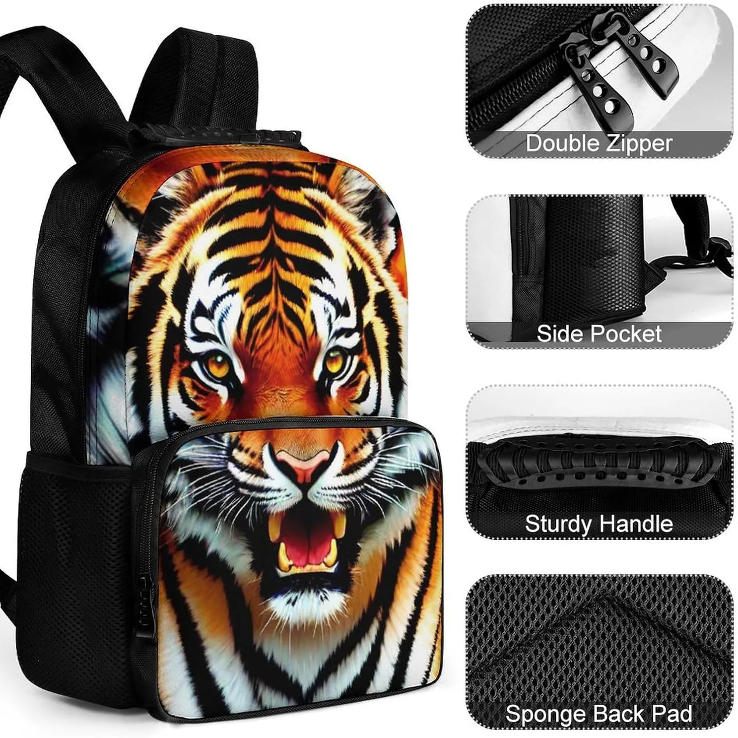 Polyester Daypack Backpack for Climbing Outdoors Running - Big Capacity Multipurpose Anti-Theft Bookbag, Cool Tiger Head Fire Surreal Style Art Travel Hiking & Camping Rucksack