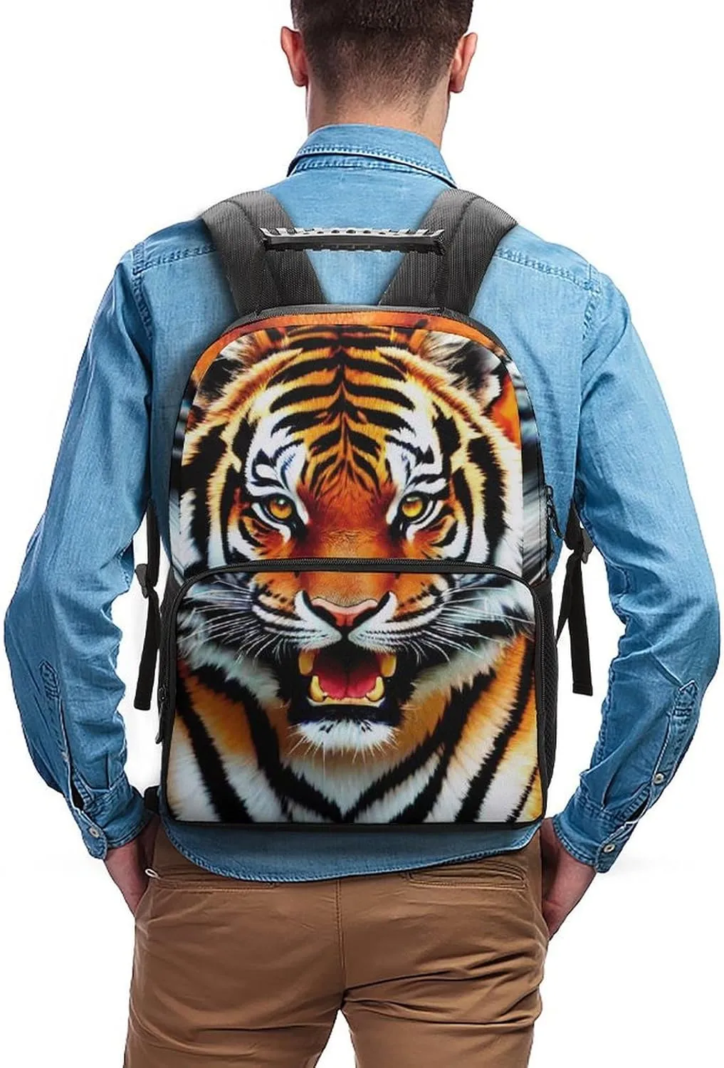 Polyester Daypack Backpack for Climbing Outdoors Running - Big Capacity Multipurpose Anti-Theft Bookbag, Cool Tiger Head Fire Surreal Style Art Travel Hiking & Camping Rucksack
