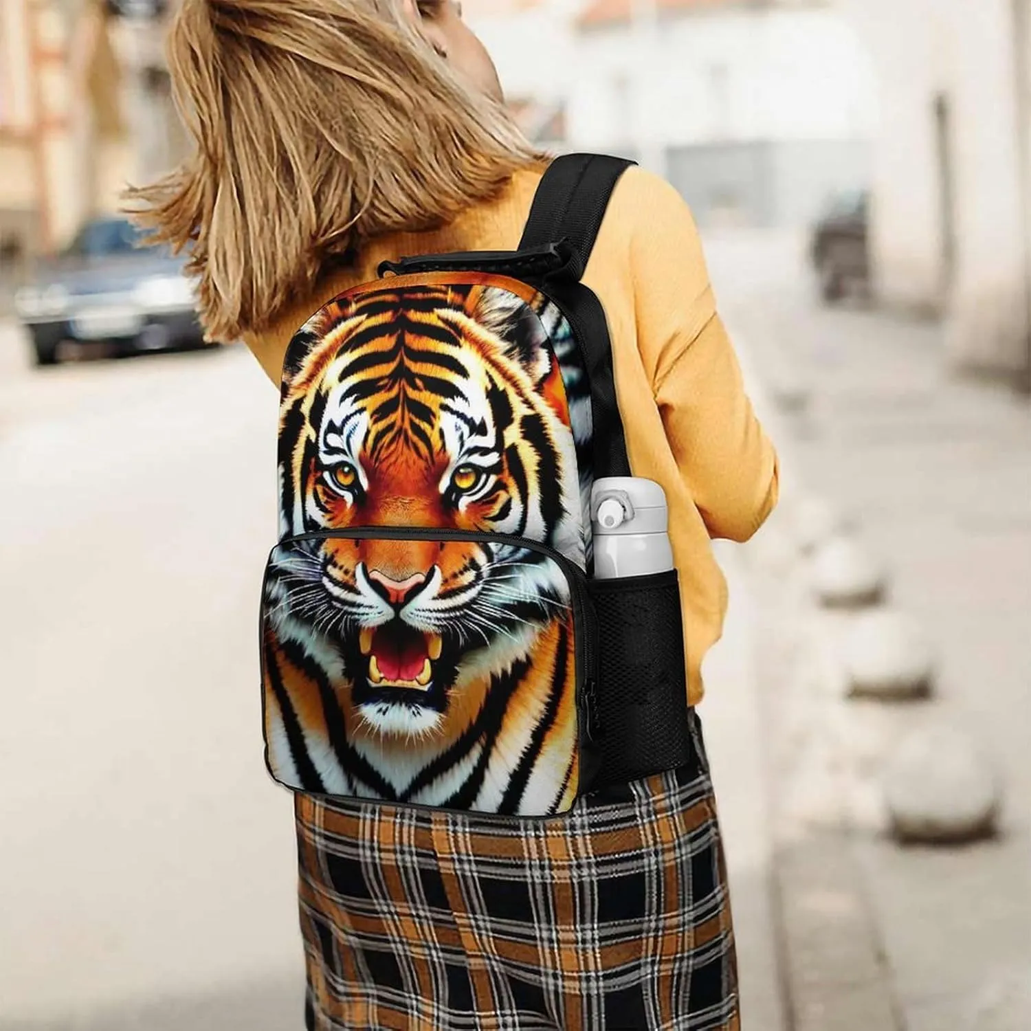 Polyester Daypack Backpack for Climbing Outdoors Running - Big Capacity Multipurpose Anti-Theft Bookbag, Cool Tiger Head Fire Surreal Style Art Travel Hiking & Camping Rucksack