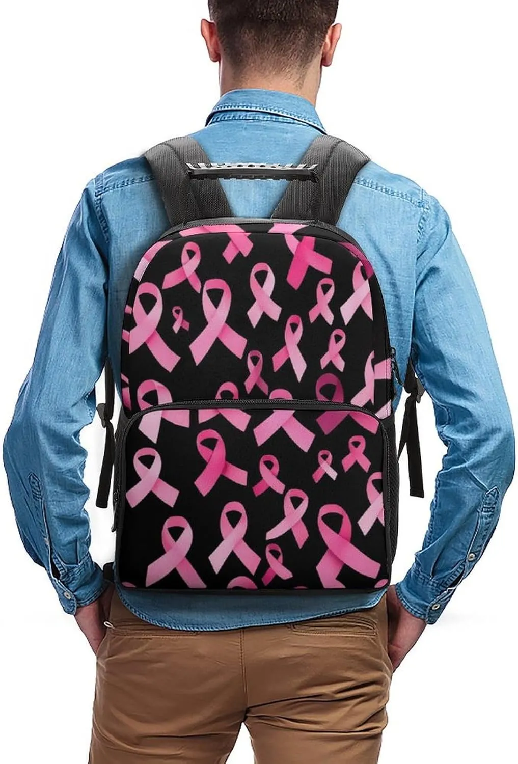 Polyester Daypack Backpack for Trekking Picnic Walking Cycling - Large Capacity Anti-Theft Multipurpose Shoulder Bag, Breast Cancer Awareness Ribbons Pink Casual Daypack