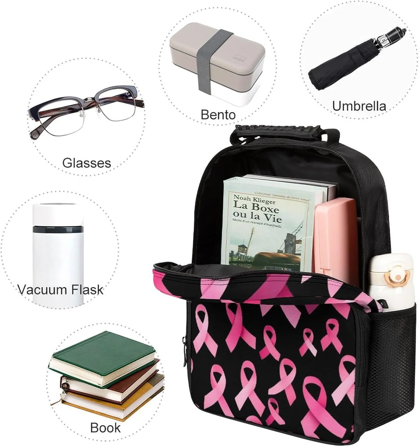 Polyester Daypack Backpack for Trekking Picnic Walking Cycling - Large Capacity Anti-Theft Multipurpose Shoulder Bag, Breast Cancer Awareness Ribbons Pink Casual Daypack