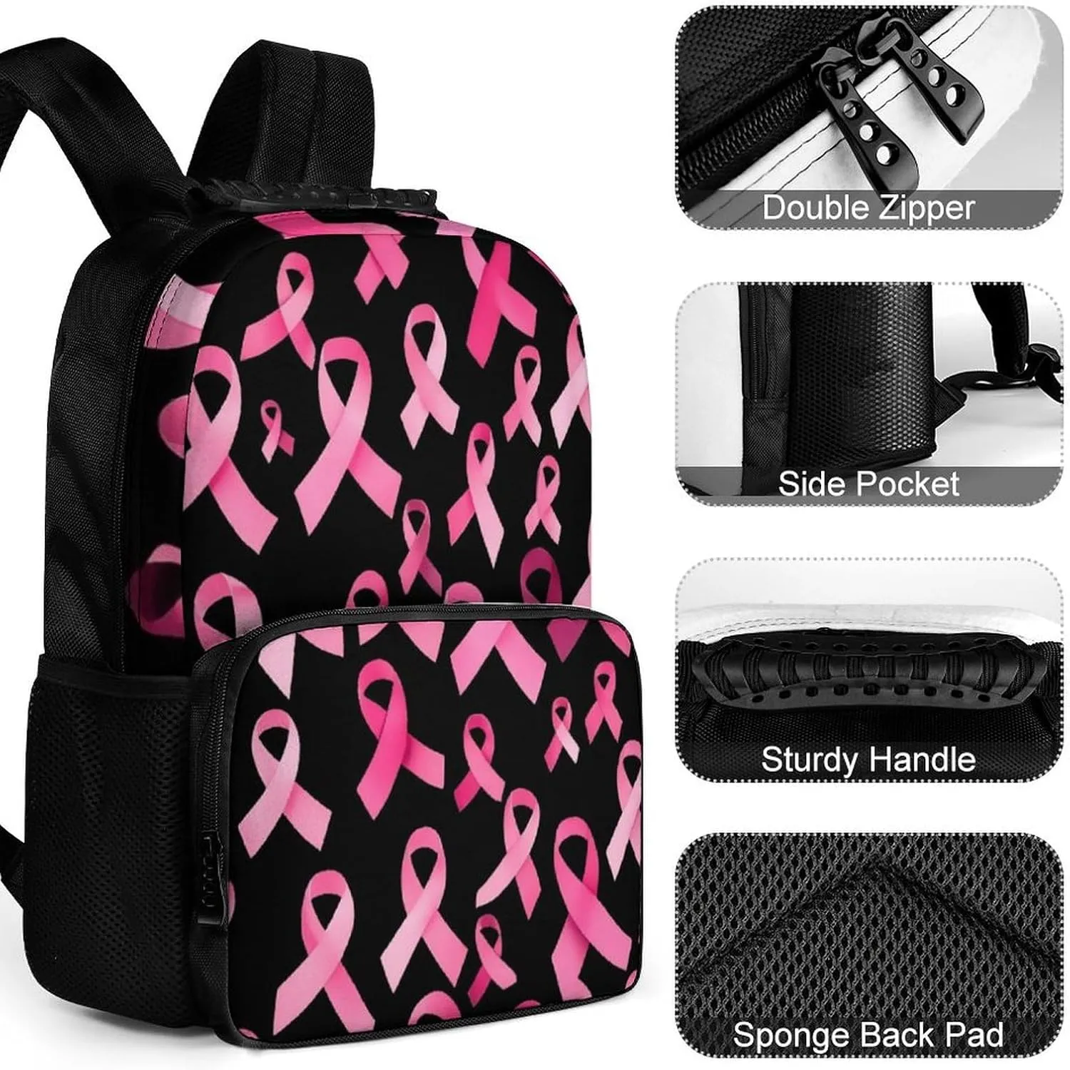 Polyester Daypack Backpack for Trekking Picnic Walking Cycling - Large Capacity Anti-Theft Multipurpose Shoulder Bag, Breast Cancer Awareness Ribbons Pink Casual Daypack