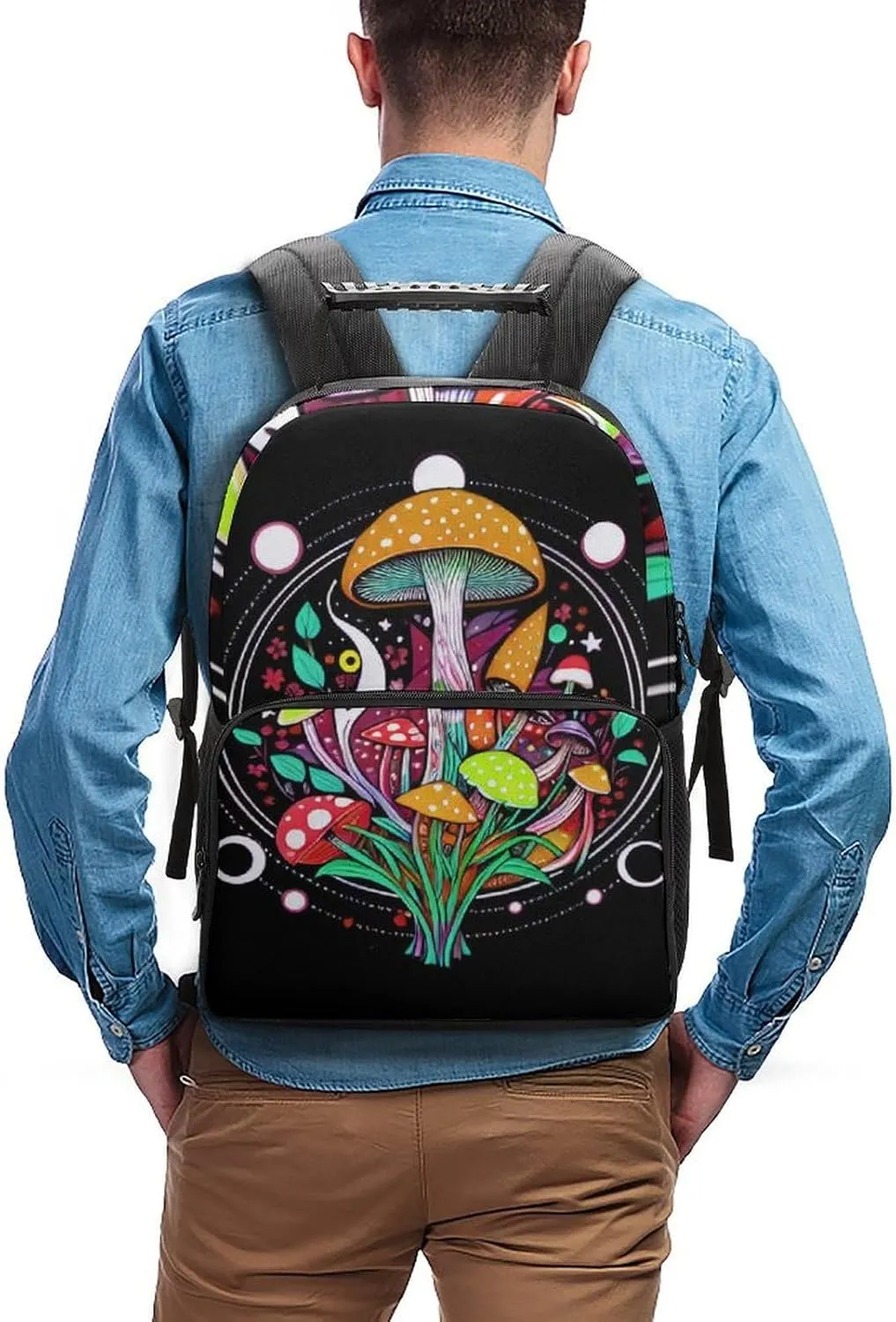 Polyester Daypack Backpack for Trekking Picnic Walking Cycling - Large Capacity Anti-Theft Multipurpose Shoulder Bag, Magic Mushrooms Trip Art Casual Daypack
