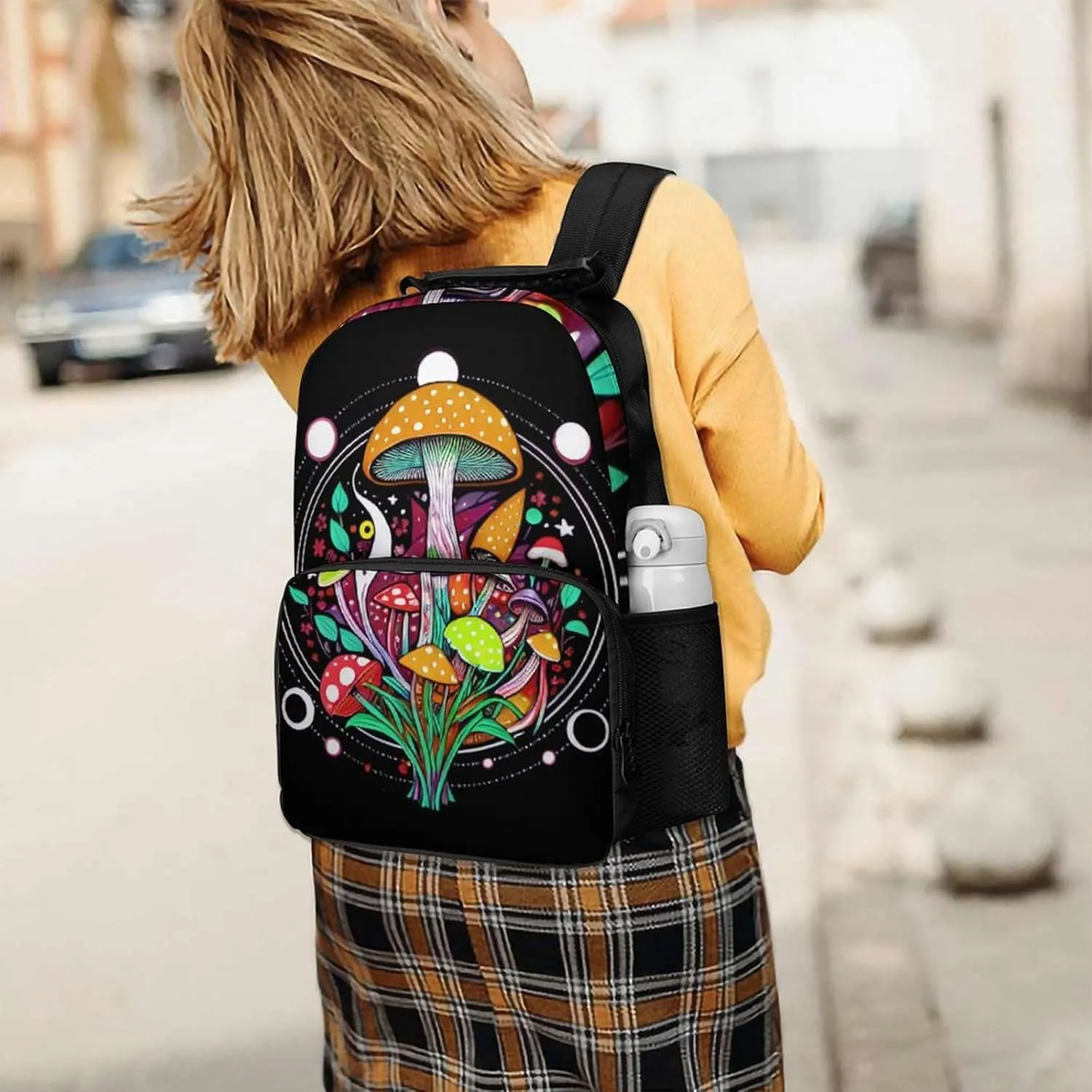 Polyester Daypack Backpack for Trekking Picnic Walking Cycling - Large Capacity Anti-Theft Multipurpose Shoulder Bag, Magic Mushrooms Trip Art Casual Daypack