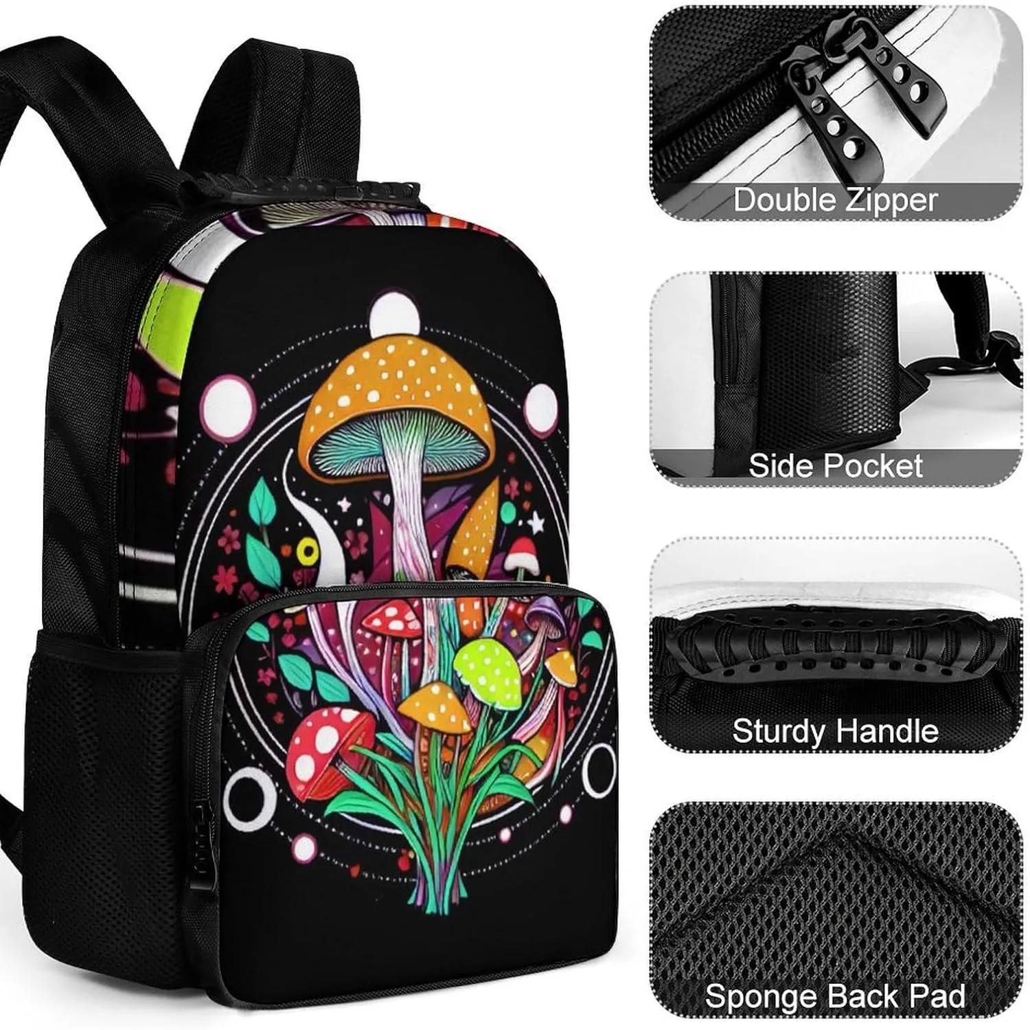 Polyester Daypack Backpack for Trekking Picnic Walking Cycling - Large Capacity Anti-Theft Multipurpose Shoulder Bag, Magic Mushrooms Trip Art Casual Daypack