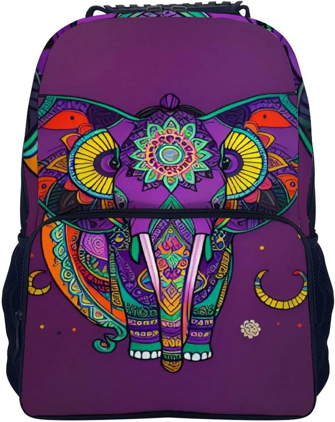 Polyester Daypack Backpack for Trekking Picnic Walking Cycling - Large Capacity Anti-Theft Multipurpose Shoulder Bag, Mandalas Purple Elephant Art Casual Daypack
