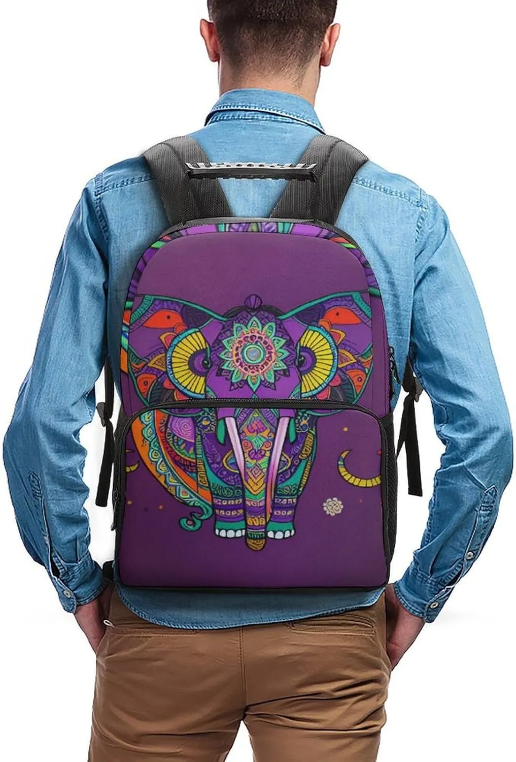 Polyester Daypack Backpack for Trekking Picnic Walking Cycling - Large Capacity Anti-Theft Multipurpose Shoulder Bag, Mandalas Purple Elephant Art Casual Daypack