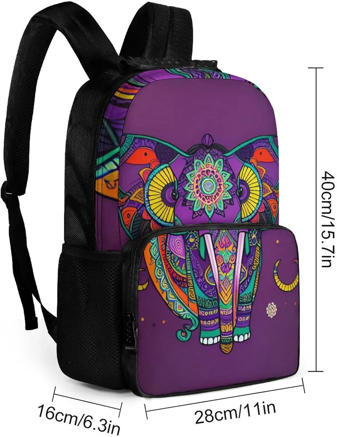 Polyester Daypack Backpack for Trekking Picnic Walking Cycling - Large Capacity Anti-Theft Multipurpose Shoulder Bag, Mandalas Purple Elephant Art Casual Daypack