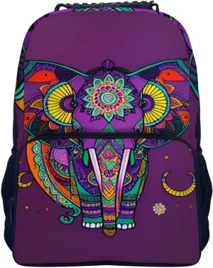 Polyester Daypack Backpack for Trekking Picnic Walking Cycling - Large Capacity Anti-Theft Multipurpose Shoulder Bag, Mandalas Purple Elephant Art Casual Daypack