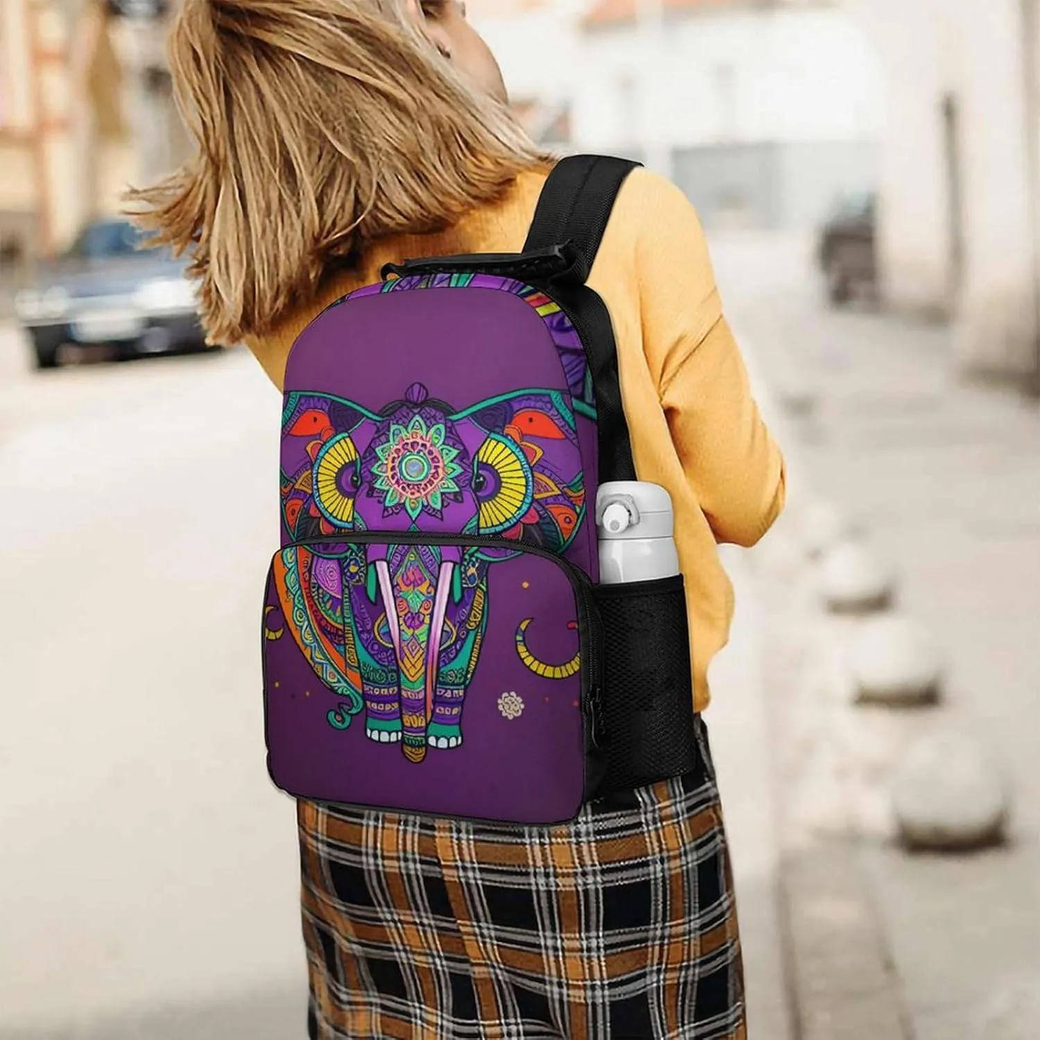 Polyester Daypack Backpack for Trekking Picnic Walking Cycling - Large Capacity Anti-Theft Multipurpose Shoulder Bag, Mandalas Purple Elephant Art Casual Daypack