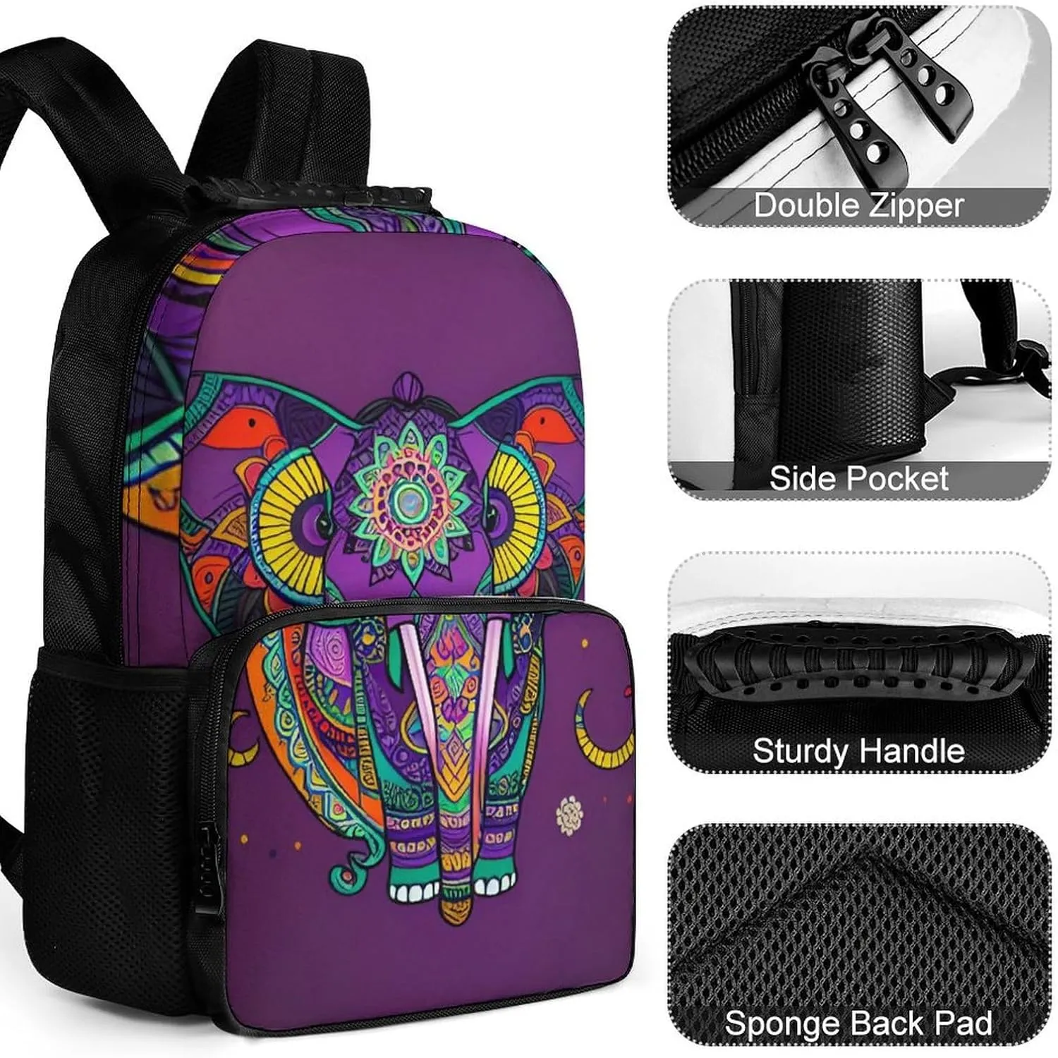 Polyester Daypack Backpack for Trekking Picnic Walking Cycling - Large Capacity Anti-Theft Multipurpose Shoulder Bag, Mandalas Purple Elephant Art Casual Daypack