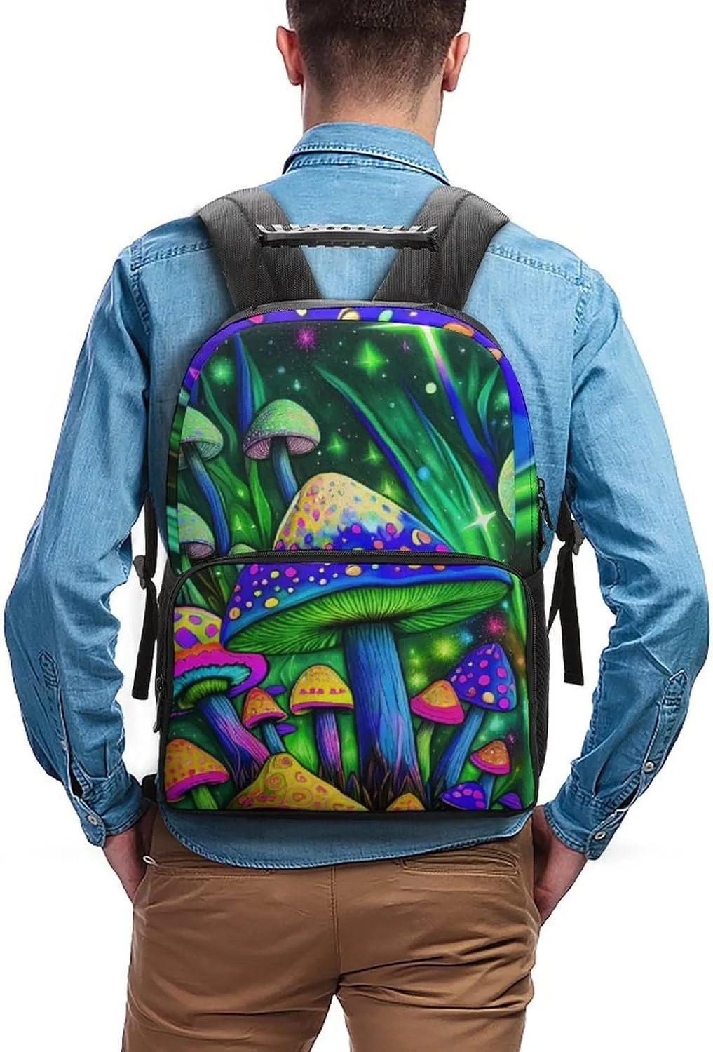 Polyester Daypack Backpack for Trekking Picnic Walking Cycling - Large Capacity Anti-Theft Multipurpose Shoulder Bag, Psychedelic Magic Mushrooms Trippy Art Casual Daypack
