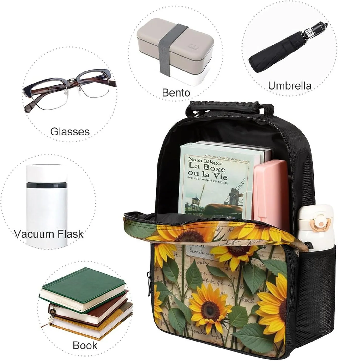 Polyester Daypack Bookbag for Gym Business Bicycle - Large Capacity Multipurpose Anti-Theft Carry On Bag, Sunflower Travel Hiking Daypack