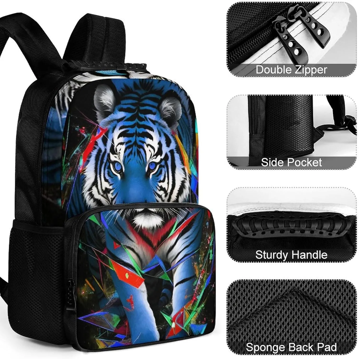 Polyester Daypack for Camping Travel Walking Cycling - Big Capacity Anti-Theft Multipurpose Bookbag, Trippy Tiger Animal Art Camping Outdoor Backpack