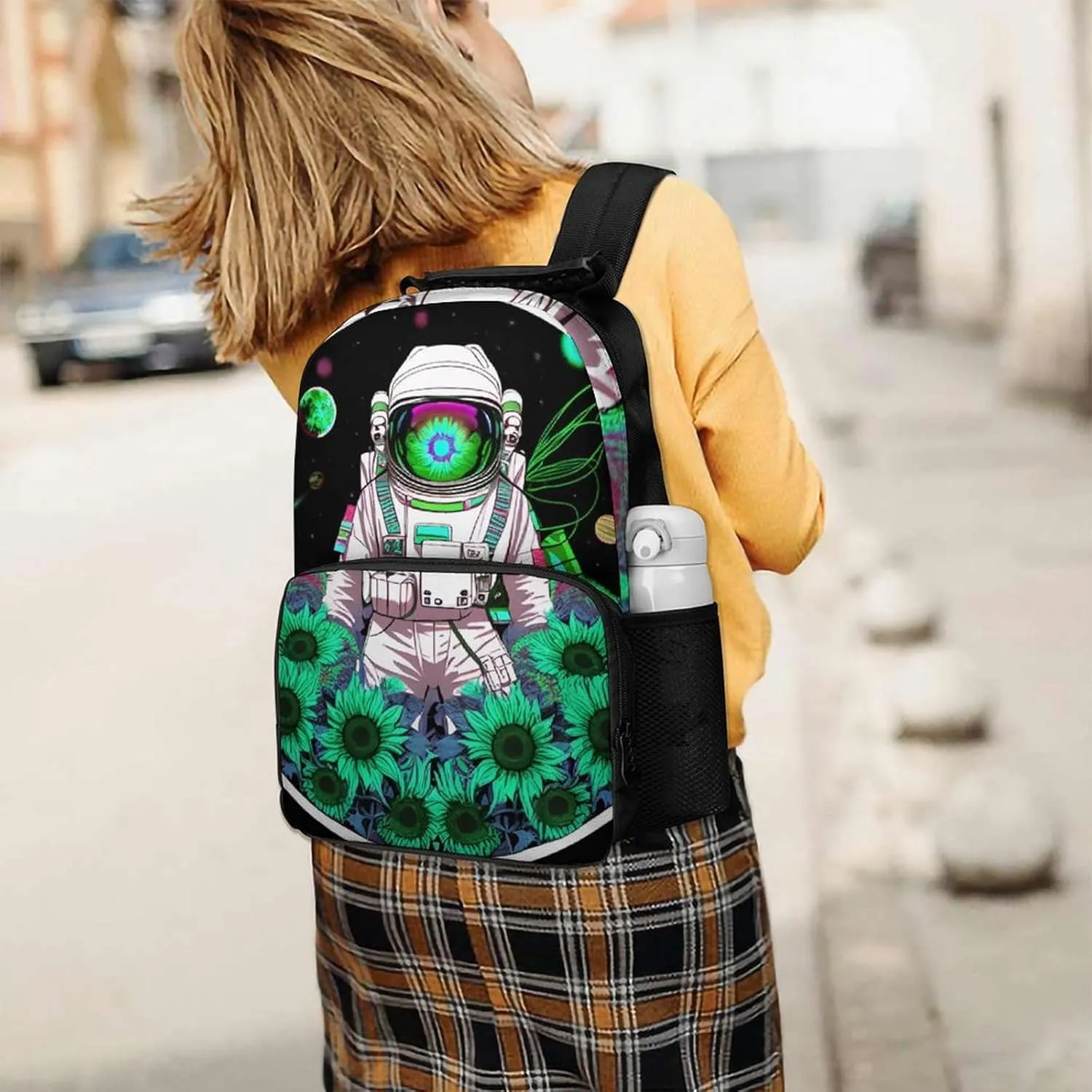 Polyester Daypack for Hiking Work Running - Big Capacity Anti-Theft Multipurpose Shoulder Bag, Psychedelic Space Astronaut Sunflower Snake Art Travel and Sport Backpack Rucksack