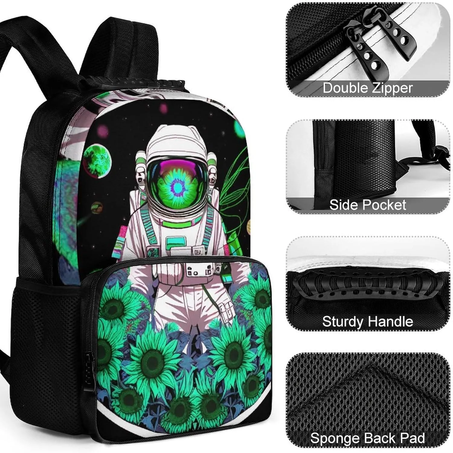 Polyester Daypack for Hiking Work Running - Big Capacity Anti-Theft Multipurpose Shoulder Bag, Psychedelic Space Astronaut Sunflower Snake Art Travel and Sport Backpack Rucksack