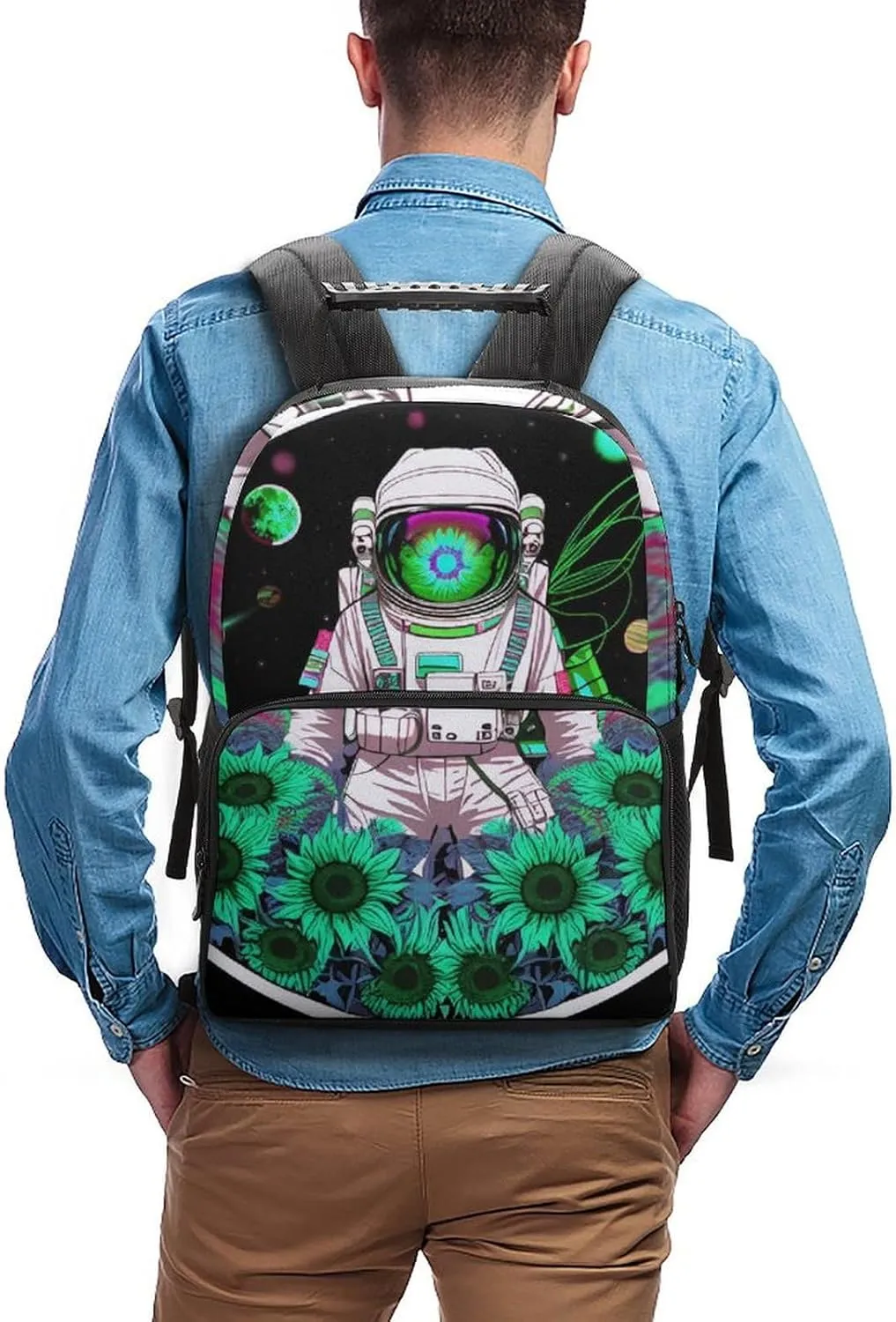 Polyester Daypack for Hiking Work Running - Big Capacity Anti-Theft Multipurpose Shoulder Bag, Psychedelic Space Astronaut Sunflower Snake Art Travel and Sport Backpack Rucksack