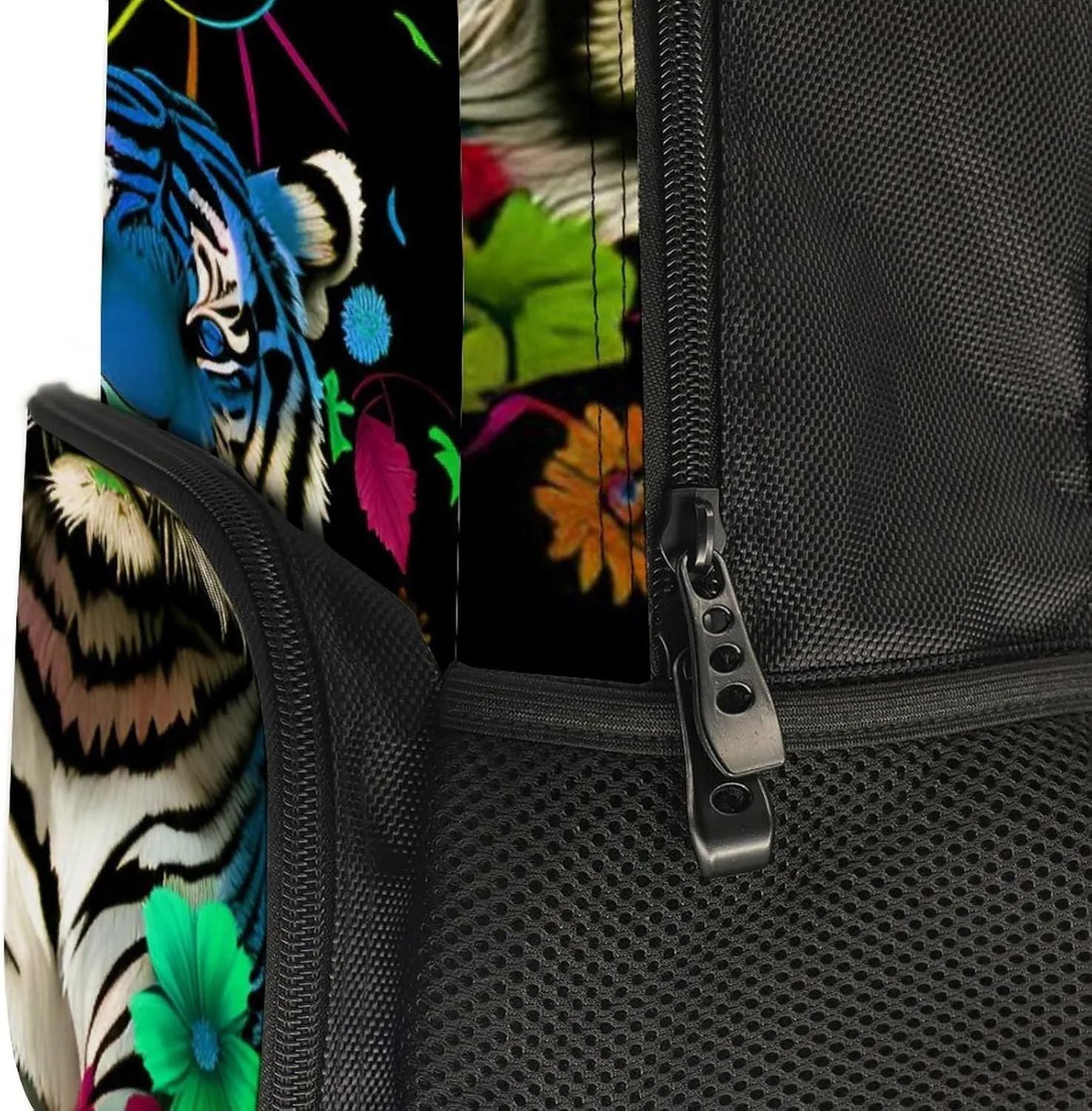 Polyester Daypack for Hiking Work Running - Big Capacity Anti-Theft Multipurpose Shoulder Bag, Trippy Tiger Animal Flower Art Travel and Sport Backpack Rucksack
