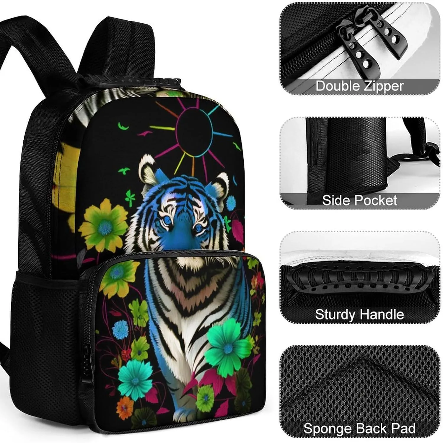 Polyester Daypack for Hiking Work Running - Big Capacity Anti-Theft Multipurpose Shoulder Bag, Trippy Tiger Animal Flower Art Travel and Sport Backpack Rucksack