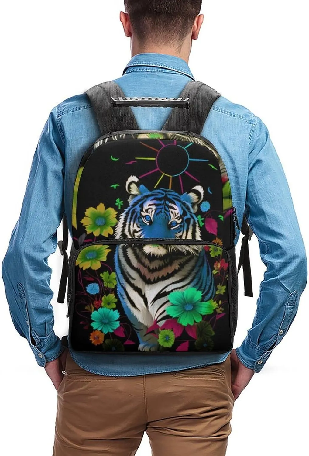 Polyester Daypack for Hiking Work Running - Big Capacity Anti-Theft Multipurpose Shoulder Bag, Trippy Tiger Animal Flower Art Travel and Sport Backpack Rucksack