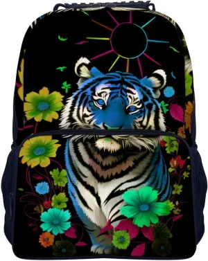 Polyester Daypack for Hiking Work Running - Big Capacity Anti-Theft Multipurpose Shoulder Bag, Trippy Tiger Animal Flower Art Travel and Sport Backpack Rucksack