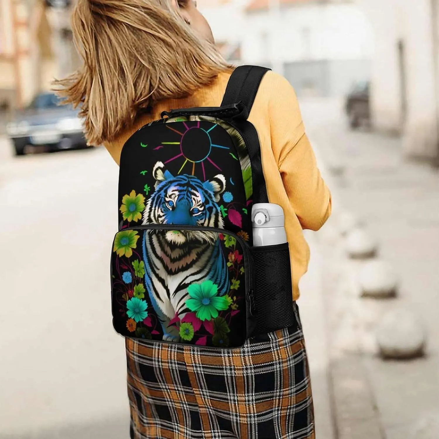 Polyester Daypack for Hiking Work Running - Big Capacity Anti-Theft Multipurpose Shoulder Bag, Trippy Tiger Animal Flower Art Travel and Sport Backpack Rucksack