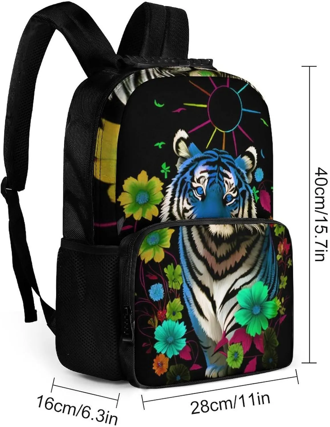 Polyester Daypack for Hiking Work Running - Big Capacity Anti-Theft Multipurpose Shoulder Bag, Trippy Tiger Animal Flower Art Travel and Sport Backpack Rucksack