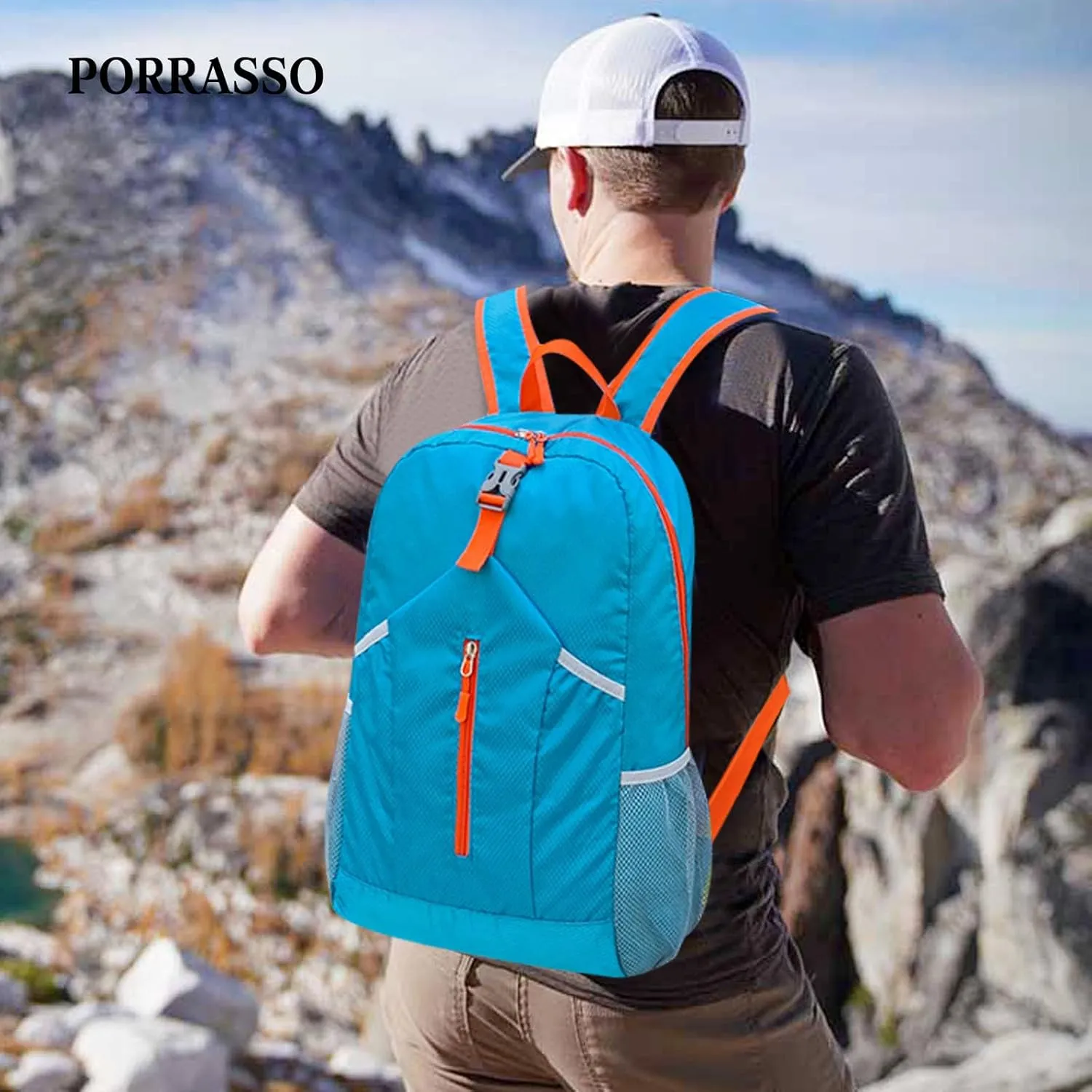 PORRASSO Hiking Backpack Foldable Daypack 21L Rucksack Lightweight Waterproof Backpack for Women Men Trekking Cycling Climbing Outdoor Sports Blue B