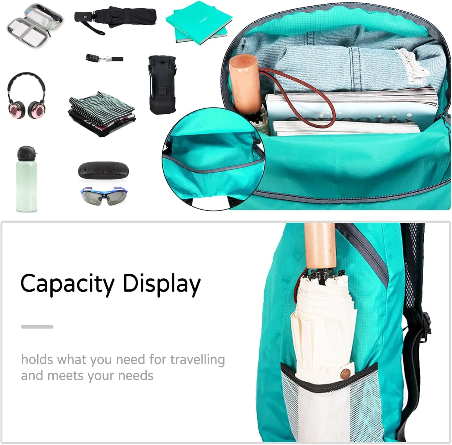 PORRASSO Hiking Backpack Lightweight Waterproof Daypack 20L Foldable Rucksack Backpack for Women Men Camping Trekking Cycling Climbing Outdoor Sports Black Blue