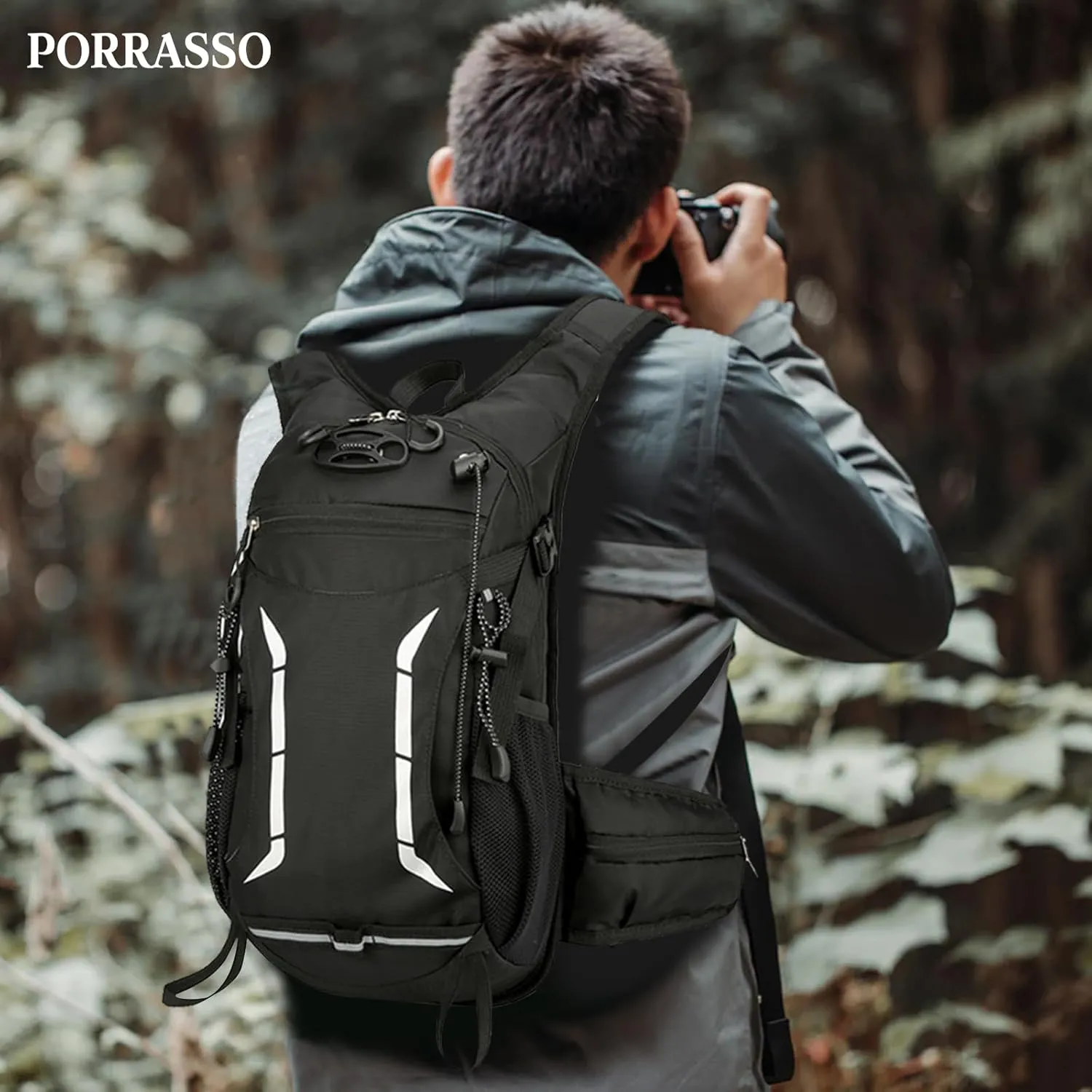 PORRASSO Hiking Backpack Waterproof Daypack 18L Rucksack Lightweight Breathable Backpack for Women Men Trekking Cycling Climbing Outdoor Sports Black