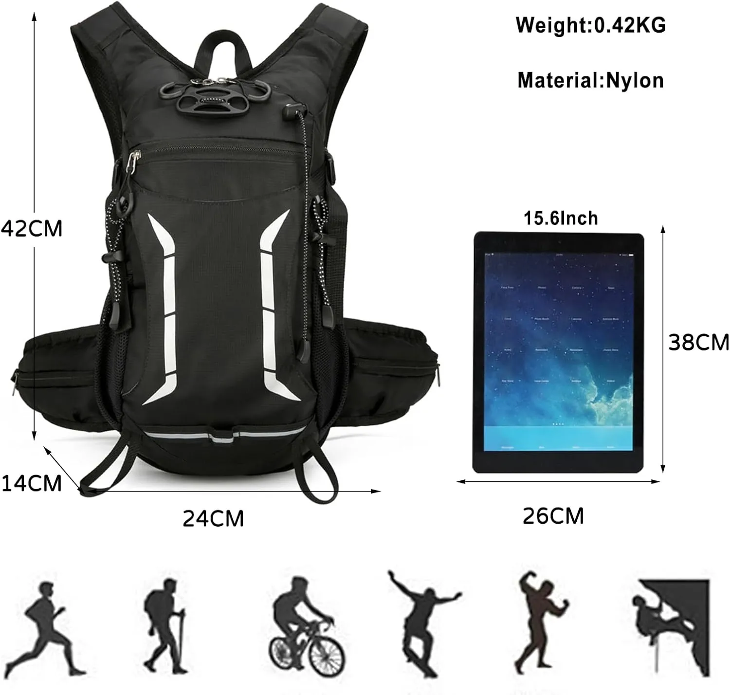 PORRASSO Hiking Backpack Waterproof Daypack 18L Rucksack Lightweight Breathable Backpack for Women Men Trekking Cycling Climbing Outdoor Sports Black